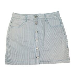 Milk Blues Teal & White Striped Denim Mini‎ Skirt Button Front Pockets Medium